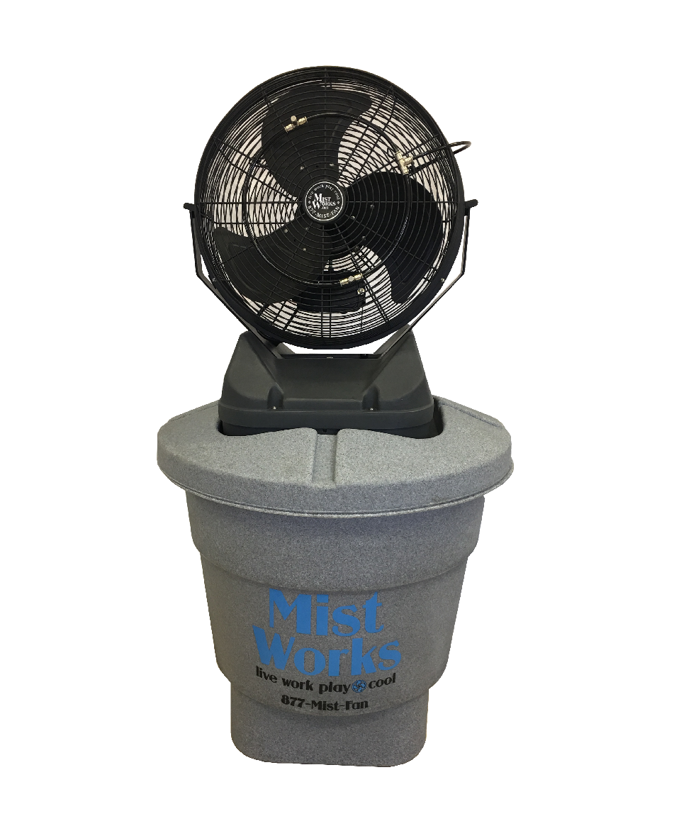 18" High Pressure Misting Fan on cooler. cool off Mist to Go by Mist Works cool off