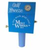 A blue sign with the words gulf breeze and mist works.