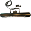 A black and silver lamp with a camera on top of it.
