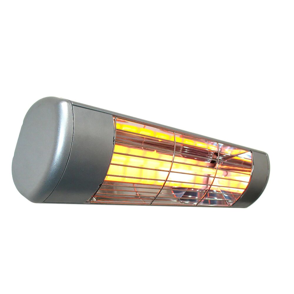 A silver heater with yellow lights on top of it.