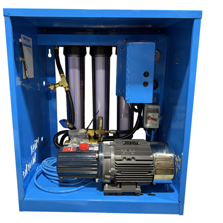 A blue box with four water filters and a pump.