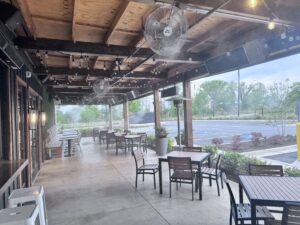 patio with misting fans mist works